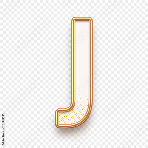 Letter J. Golden alhabet text effect. Realistic gold metal font. Golden ouline font. Metallic 3d typeface. English alphabet. Vector illustration.