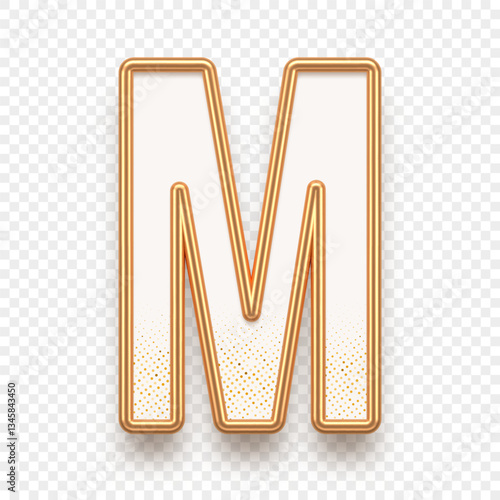Letter M. Golden alhabet text effect. Realistic gold metal font. Golden ouline font. Metallic 3d typeface. English alphabet. Vector illustration.