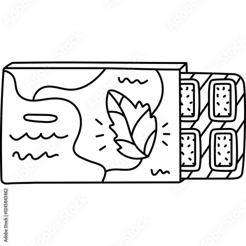 Lovely outline chewing gum pads in blister with mint flavor showing from packaging. Trendy hand drawn sugared bubble gum dragees for refreshing breath, teeth hygiene. Line doodle isolated on white.