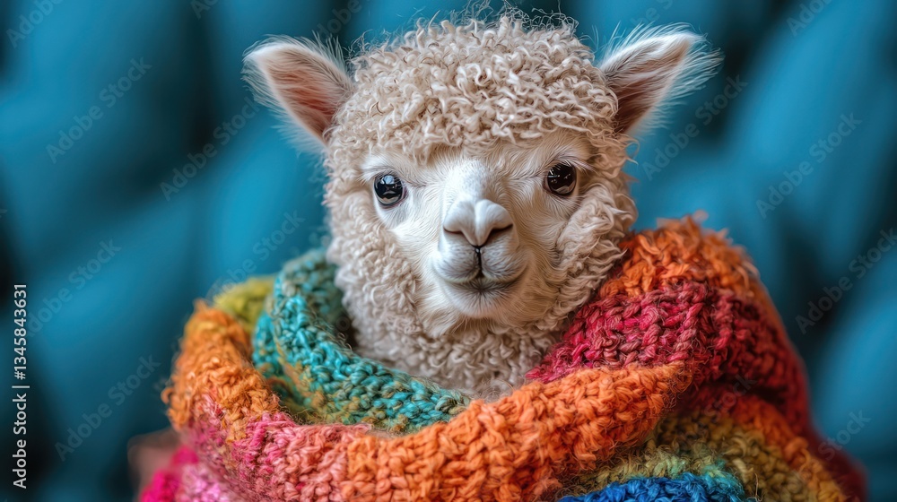 Baby Alpaca Wrapped in Colorful Blanket Baby Alpaca Wrapped in Colorful Blanket