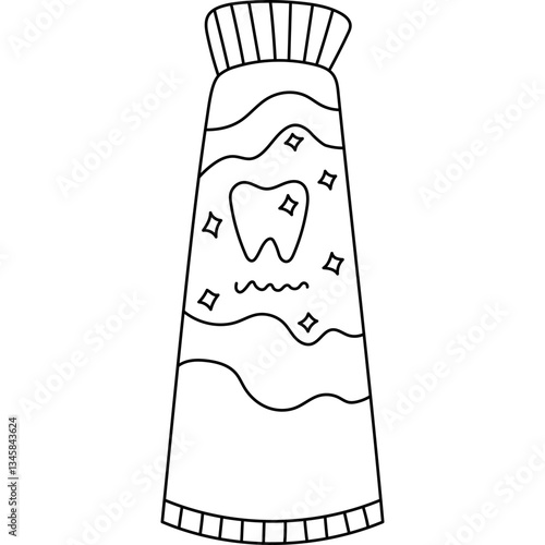Lovely doodle closed toothpaste tube with cap and shiny teeth on label. Trendy hand drawn dental product for cleansing tooth. Stomatology and healthcare line art isolated on white background.