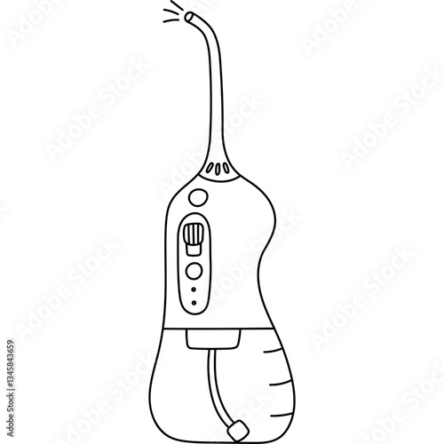 Cute outline electronic oral and gum irrigator for dental hygiene and mouth care. Hand drawn tooth and cavity home healthcare clipart. Funny childish line doodle of water flosser isolated on white.