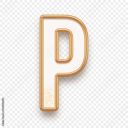 Letter P. Golden alhabet text effect. Realistic gold metal font. Golden ouline font. Metallic 3d typeface. English alphabet. Vector illustration.