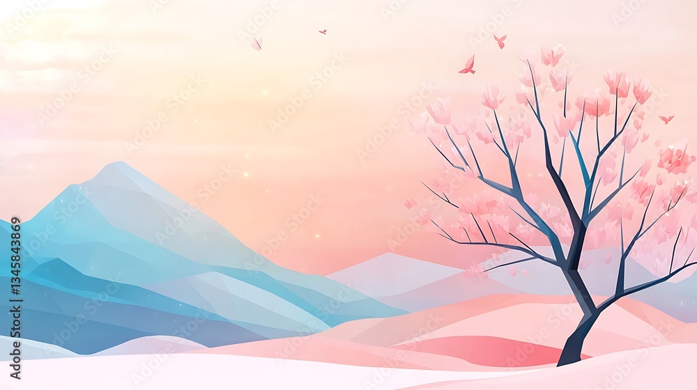 Pastel Dreamscape: Digital Painting of a Blossoming Tree at Sunset AI Generated Pastel Dreamscape: Digital Painting of a Blossoming Tree at Sunset AI Generated