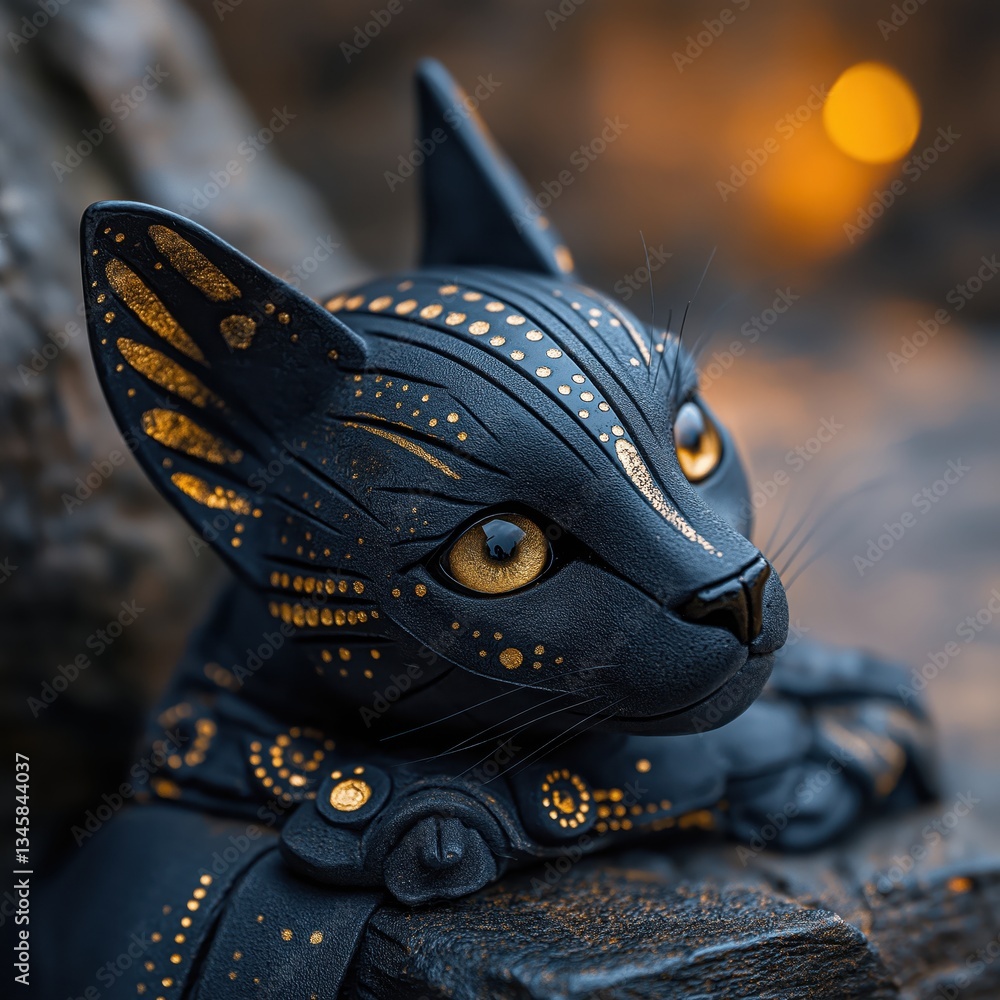 Fototapeta premium Elegant black cat with golden accents resting among dark stones in a cozy evening setting