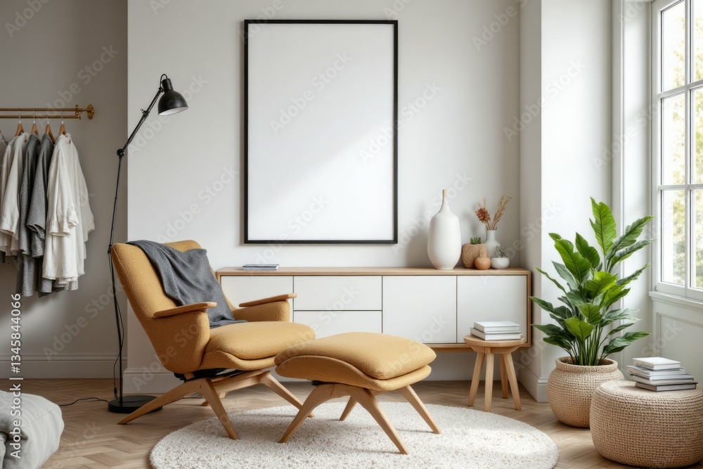 Fototapeta premium A modern living room with chair and plants is shown