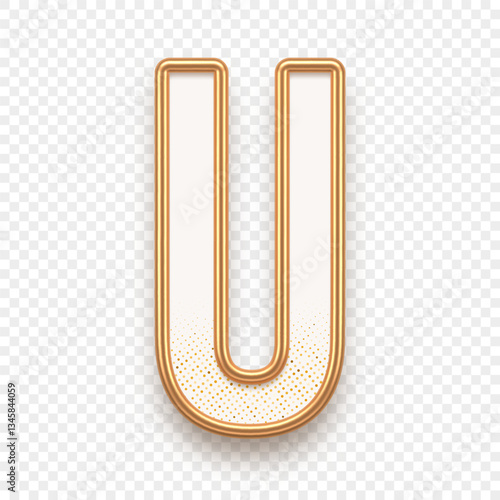 Letter U. Golden alhabet text effect. Realistic gold metal font. Golden ouline font. Metallic 3d typeface. English alphabet. Vector illustration.