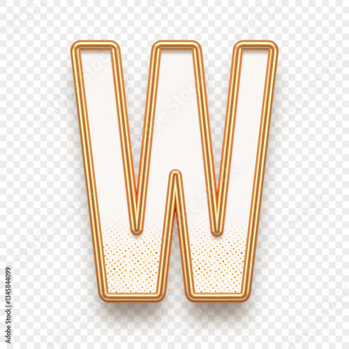 Letter W. Golden alhabet text effect. Realistic gold metal font. Golden ouline font. Metallic 3d typeface. English alphabet. Vector illustration.