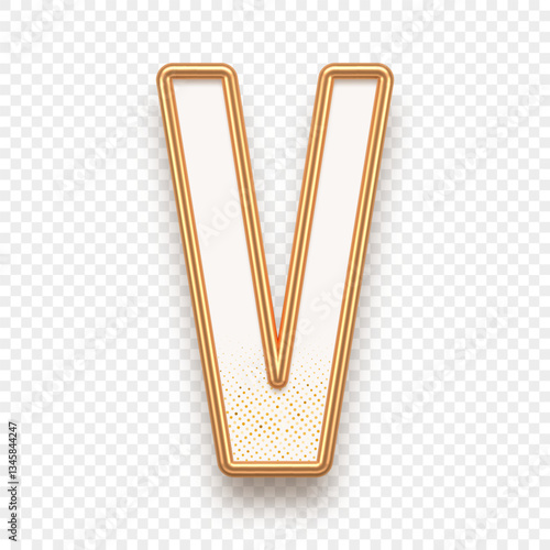 Letter V. Golden alhabet text effect. Realistic gold metal font. Golden ouline font. Metallic 3d typeface. English alphabet. Vector illustration.