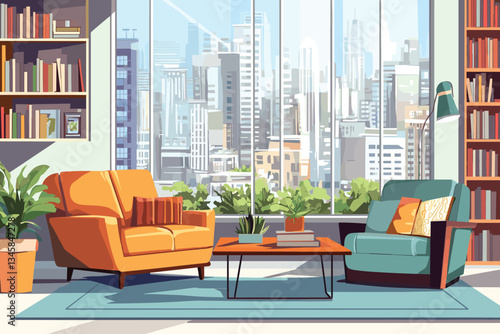 Sofa, armchair, and coffee table in a cozy living room with a bookcase near a window with a city view, a flat vector illustration. Upholstered Living Room Furniture