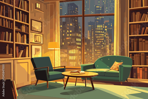 Sofa, armchair, and coffee table in a cozy living room with a bookcase near a window with a city view, a flat vector illustration. Upholstered Living Room Furniture