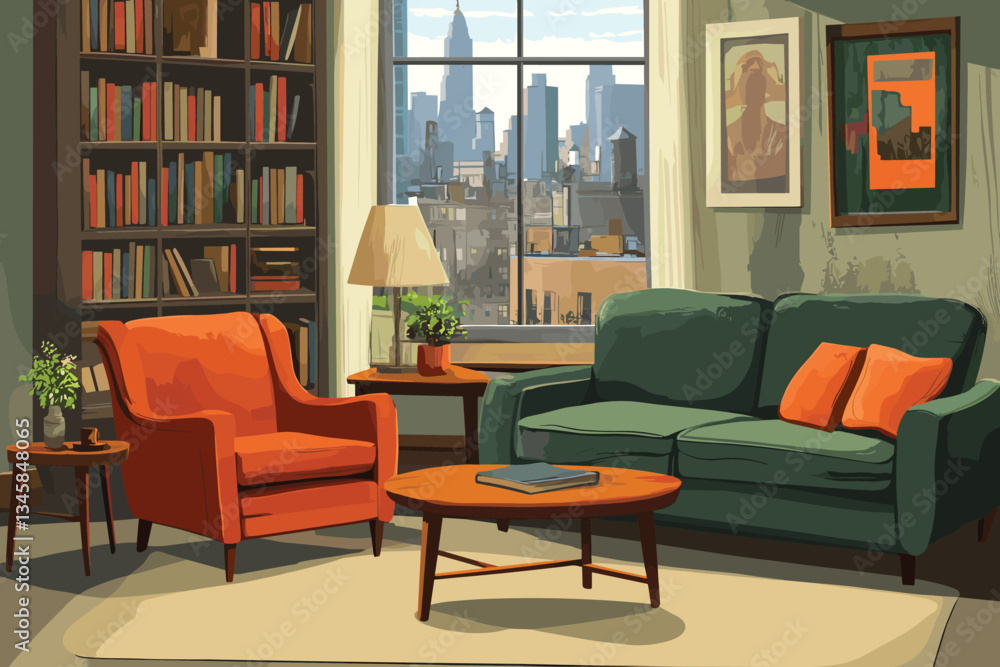 Fototapeta premium Sofa, armchair, and coffee table in a cozy living room with a bookcase near a window with a city view, a flat vector illustration. Upholstered Living Room Furniture