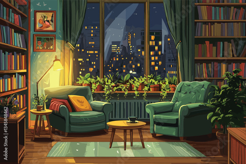 Sofa, armchair, and coffee table in a cozy living room with a bookcase near a window with a city view, a flat vector illustration. Upholstered Living Room Furniture