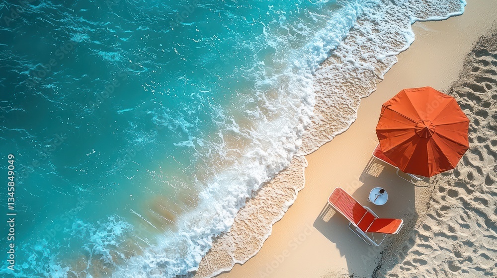 Fototapeta premium Beach scene, vibrant colors, sandy shore, ocean waves