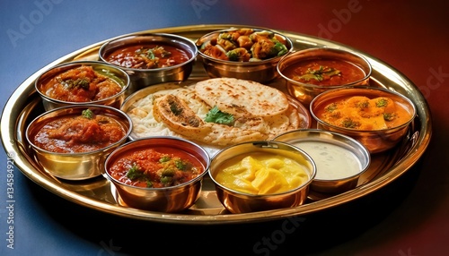 A beautifully arranged Indian thali platter featuring a variety of curries, bread, and side dishes in metal bowls.