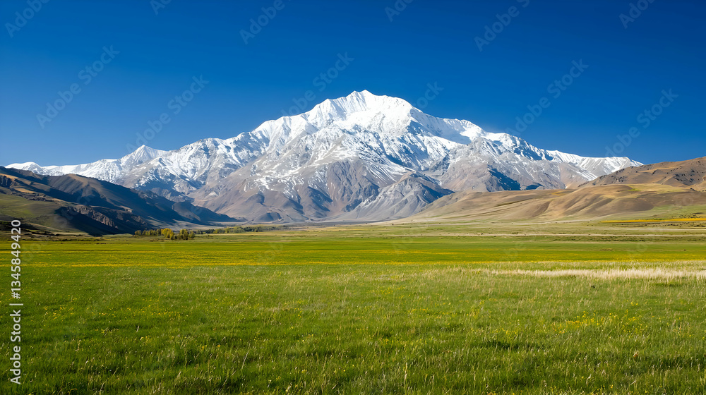 Fototapeta premium Snowy Mountain Overlooking Lush Meadow