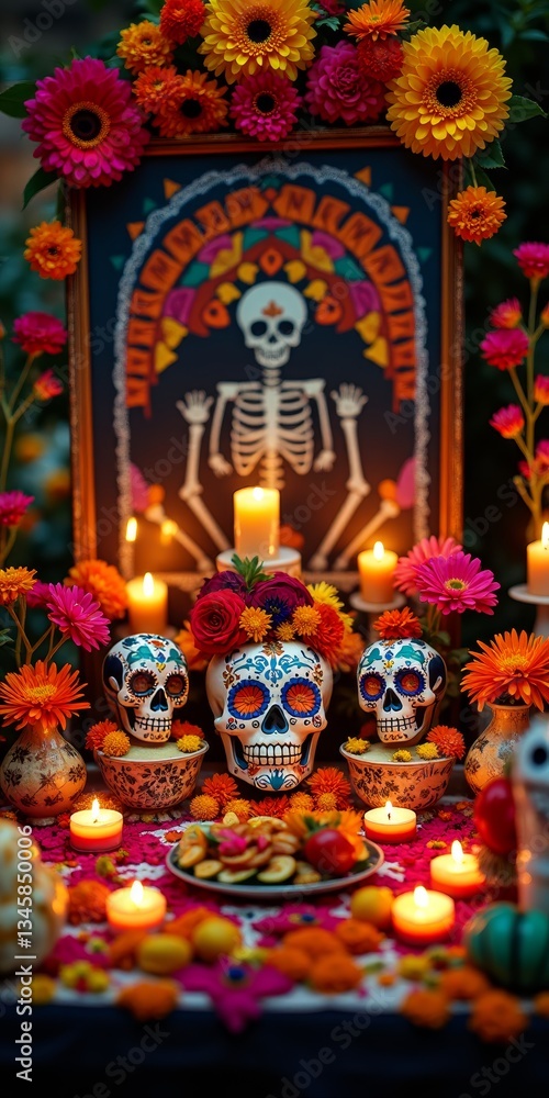 Fototapeta premium A vibrant and colorful altar, adorned with flowers, candles, and skulls, evoking a sense of reverence and remembrance