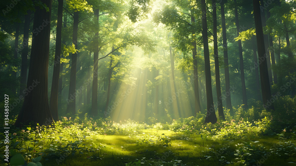 Fototapeta premium Sunlight streams through tall trees creating a serene forest atmosphere in the early morning