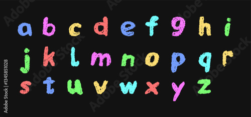 Colorful English alphabet hand-drawn in a crayon. Lowercase color letters in chalk, pastel, or wax style. Highlighter effect on black board for kindergarten drawing and learning. Vector illustration
