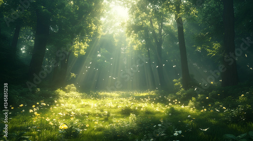 Light filters through trees in a tranquil forest grove filled with wildflowers and soft greenery