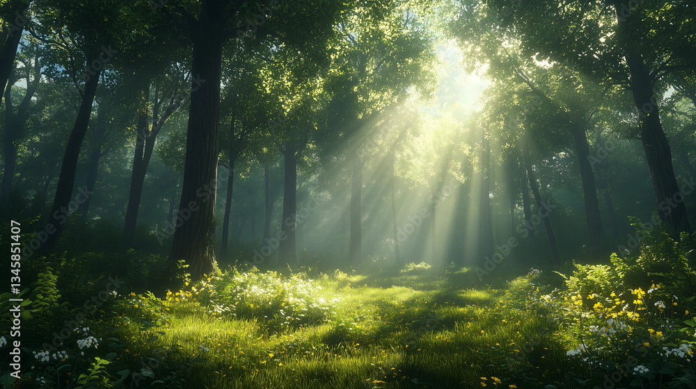 Fototapeta premium Sunlight filters through lush trees in a tranquil forest setting at dawn, creating a serene atmosphere full of life and beauty