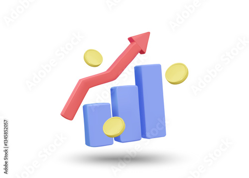 3D illustration vector render of graph icon, up arrow, and coins. Financial growth and investment return concept. Economic trend or profit. Increasing returns. Isolated on white background.