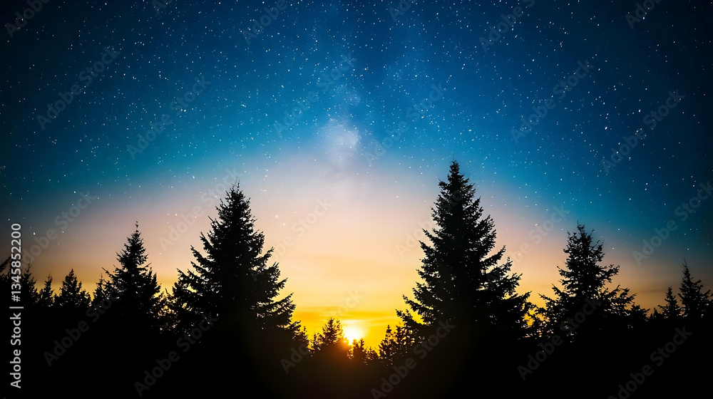 Naklejka premium Silhouette Pine Trees Sunset Starry Night Sky
