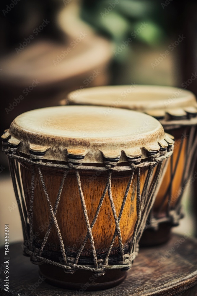Obraz premium A pair of drums placed on a wooden table, ready for use