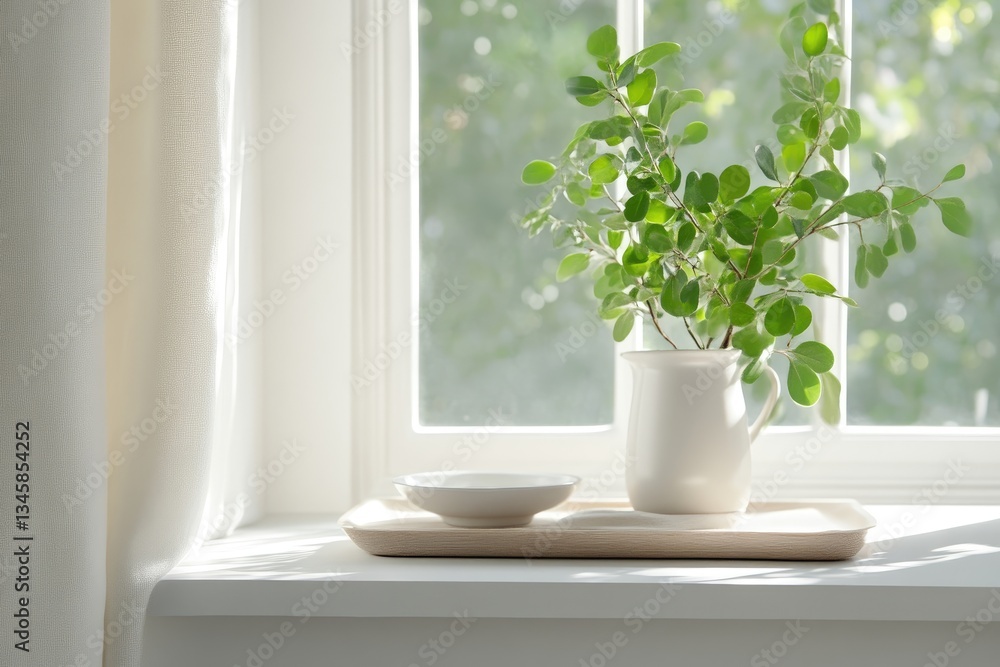 A simple windowsill display with fresh greenery A simple windowsill display with fresh greenery