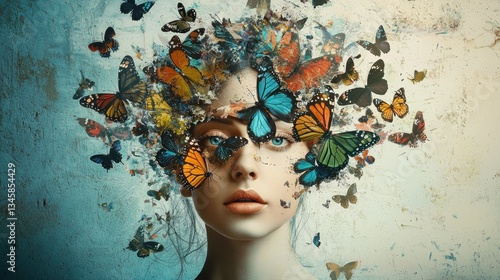 Woman's face adorned with vibrant butterflies, symbolizing transformation and dreams.