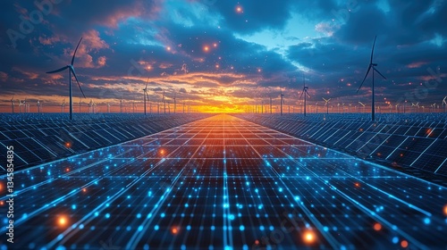 A digital representation of renewable energy, abstract design, solar panels and wind turbines, glowing energy flow