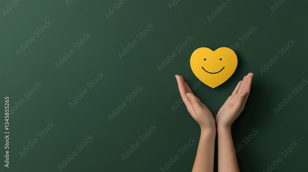 Protective Paper Cut Smiley Face Holding Heart Symbol on Green Background for World Mental Health Day Concept Protective Paper Cut Smiley Face Holding Heart Symbol on Green Background for World Mental Health Day Concept