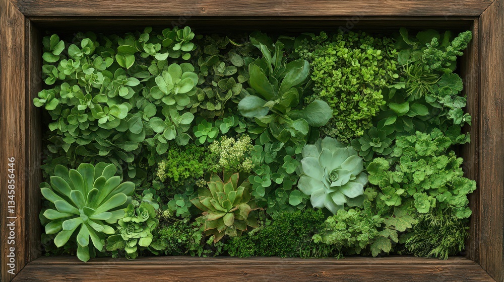 Lush Green Succulent And Moss Vertical Garden In Rustic Wooden Frame Lush Green Succulent And Moss Vertical Garden In Rustic Wooden Frame
