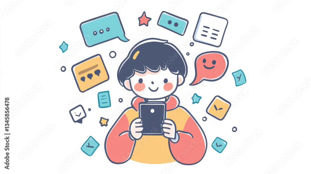 Happy Child Using Smartphone with Positive Feedback Notifications Happy Child Using Smartphone with Positive Feedback Notifications
