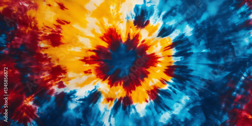 A unique tie-dye fabric texture background with bold splashes of blue, red, and yellow. The irregular color blending and hand-dyed effect create a vibrant, psychedelic aesthetic, perfect for bohemian