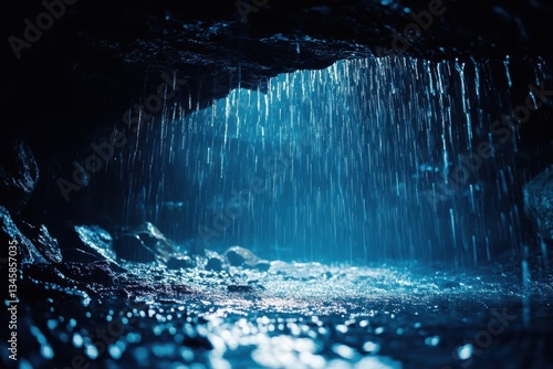 Mystical cave waterfall gracefully cascading in the heart of nature during a tranquil evening