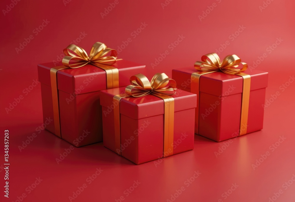 Red Gift Boxes with Golden Bows on Matching Red Background Red Gift Boxes with Golden Bows on Matching Red Background