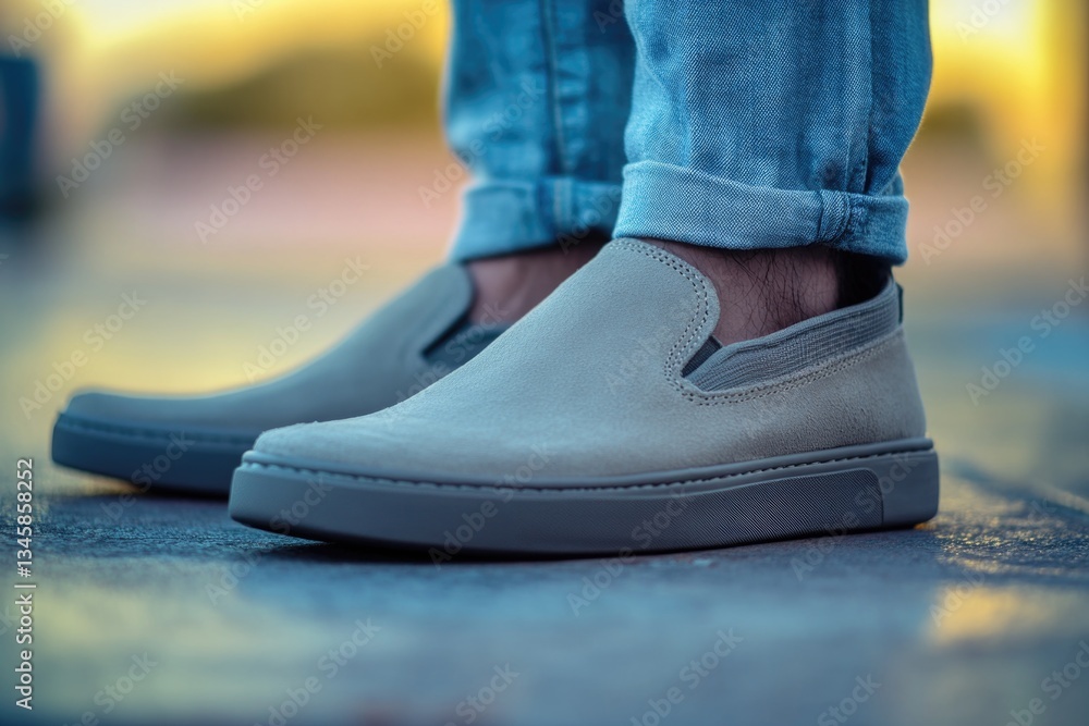 A close-up shot of a person's shoes on the ground, focusing on the details and texture A close-up shot of a person's shoes on the ground, focusing on the details and texture