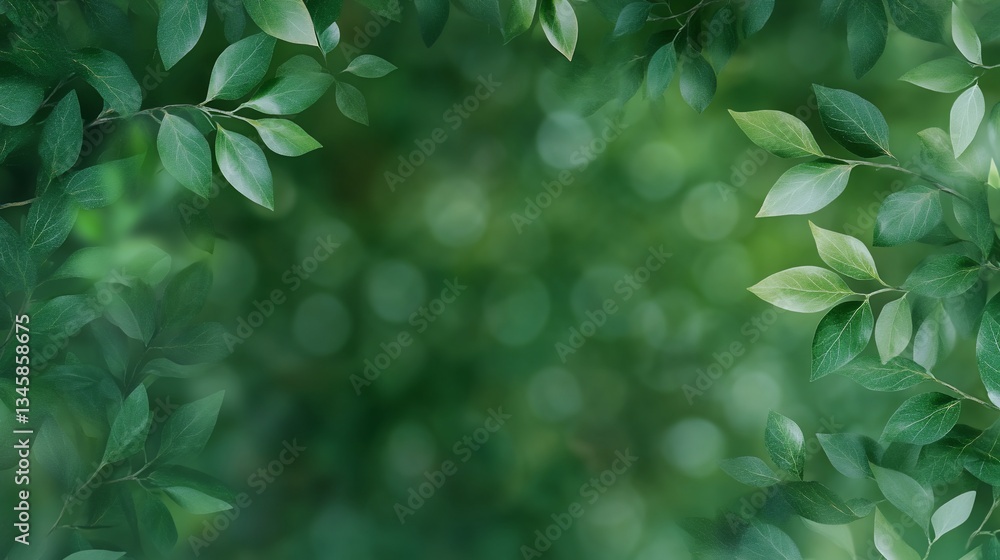 Lush green leaves frame a blurred background Lush green leaves frame a blurred background