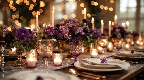 Elegant dinner table adorned with purple flowers, candles, and soft lighting for a celebration