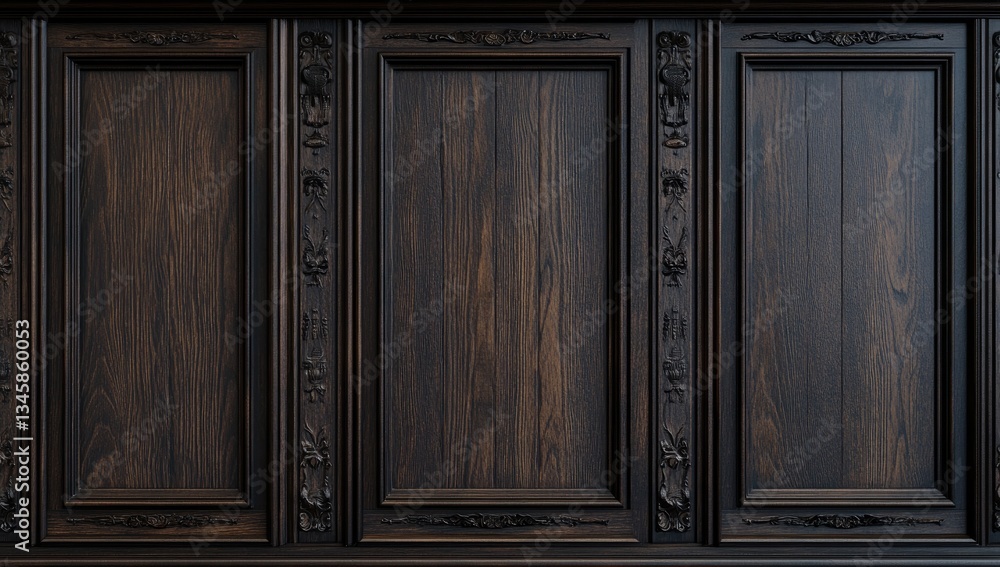 Dark wooden wall paneling with intricate carvings Dark wooden wall paneling with intricate carvings