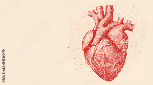 Illustration materials of the human heart in a red line style