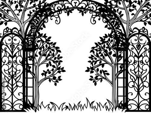 Wrought iron gate designs, available in SVG and vector formats. Decorative Garden Archway with Intricate Leaf Patterns