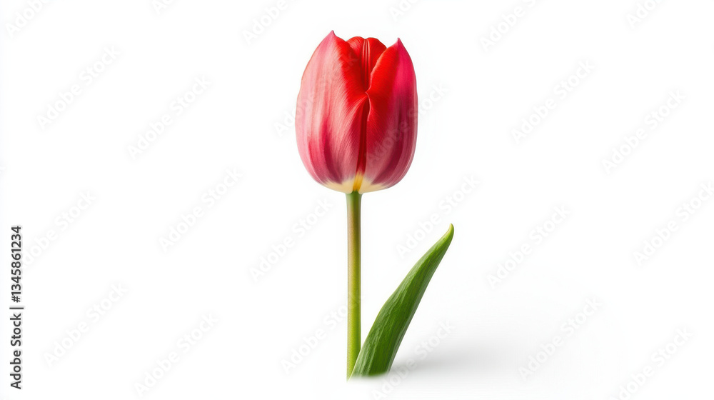 vibrant pink tulip stands elegantly against white background, showcasing its delicate petals and fresh green leaf, evoking feelings of beauty and vibrant pink tulip stands elegantly against white background, showcasing its delicate petals and fresh green leaf, evoking feelings of beauty and