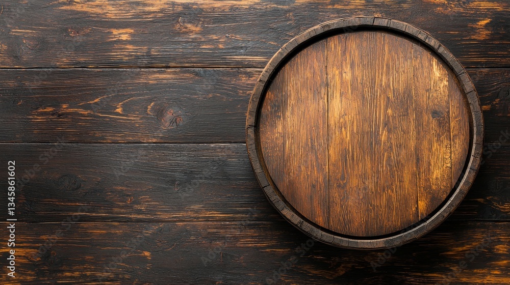 Crafted wooden barrel on rustic table close-up image natural environment top view Crafted wooden barrel on rustic table close-up image natural environment top view