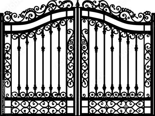 Victorian wrought iron gate designs, available in SVG and vector formats. Ornate Black Wrought Iron Gates Design with Intricate Details