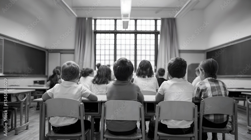 Fototapeta premium A black and white photograph shows children seated at desks in a classroom. The composition captures a classic classroom atmosphere, highlighting the backs of the children as they engage in learning.