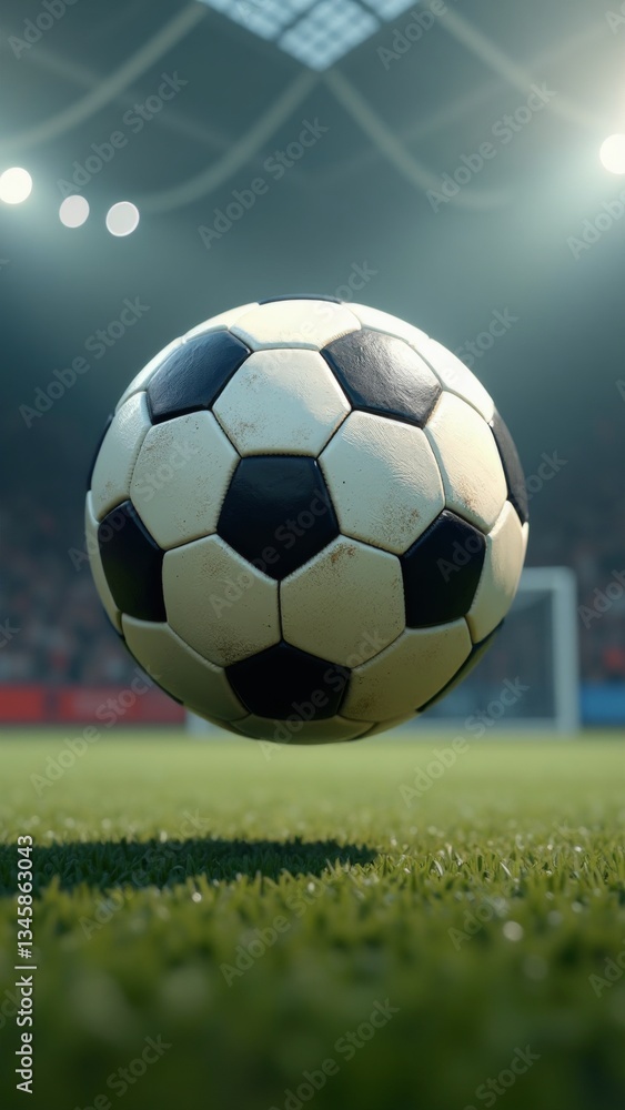 Obraz premium A black and white soccer ball in mid-air, with a soccer field in the background