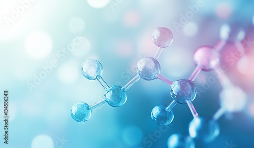 Fototapeta Naklejka Na Ścianę i Meble -  Abstract molecular structure with interconnected atoms in light blue and pink gradient, soft blurred background for science education concepts, medical research presentations, or technology infographi