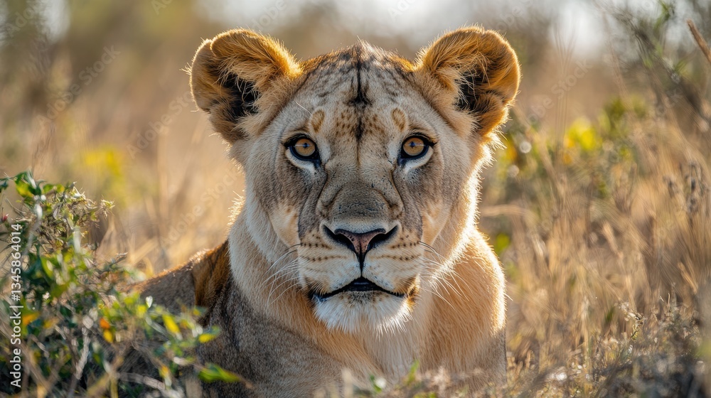 Naklejka premium A close-up of a lion is face, majestic and powerful, wildlife photography